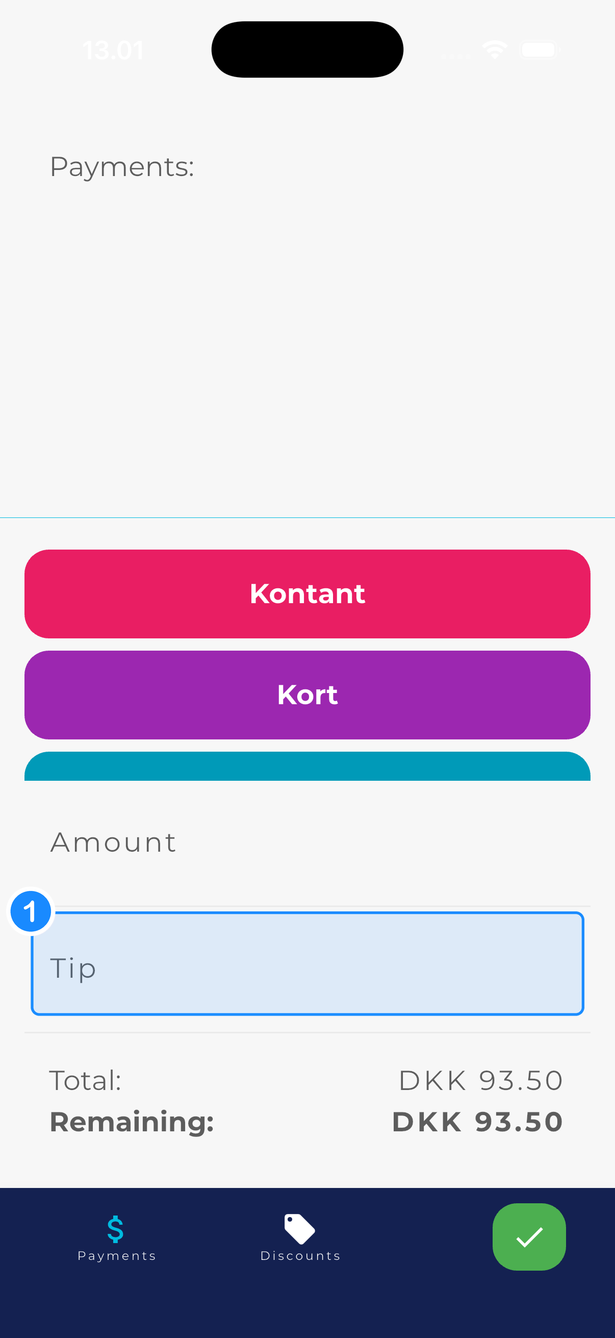 Betalingsskærm på iPhone med Beløb- og Drikkepenge-felt