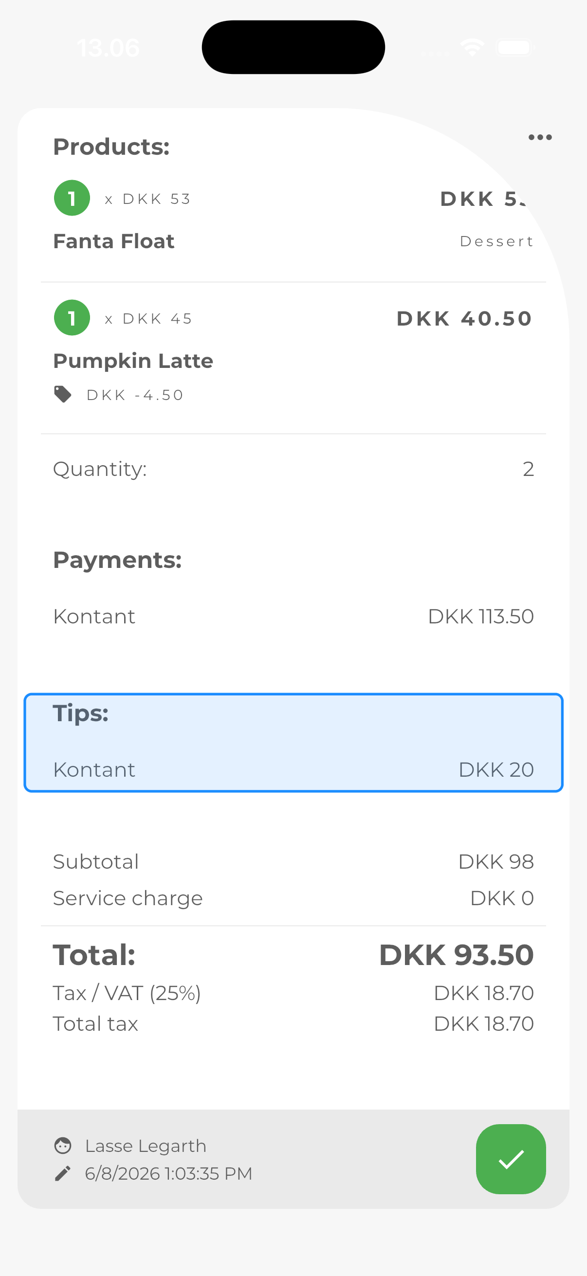 Kvittering på iPhone med drikkepenge-linje
